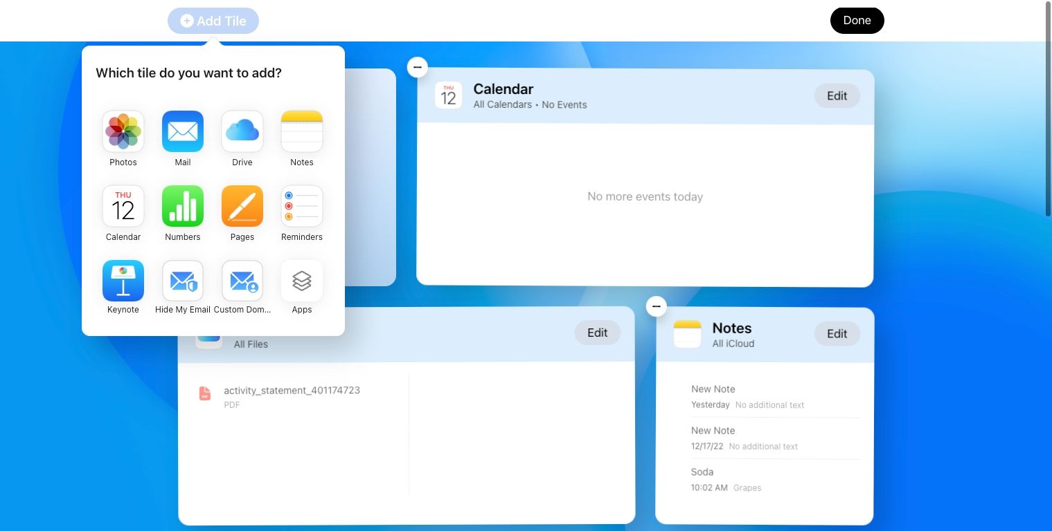 Выбор приложения для добавления на домашнюю страницу iCloud