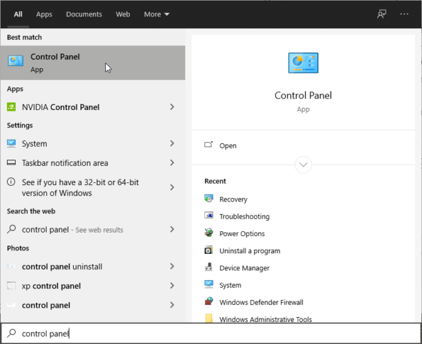 Открытие панели управления Windows