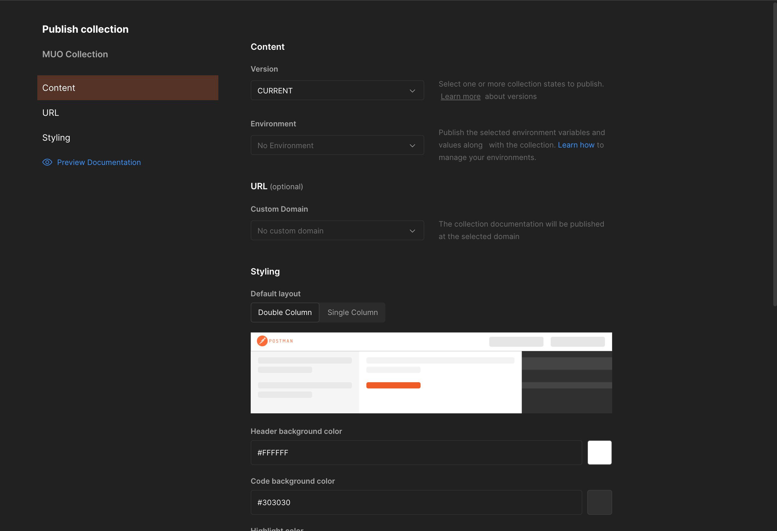 Страница стилизации документации Postman