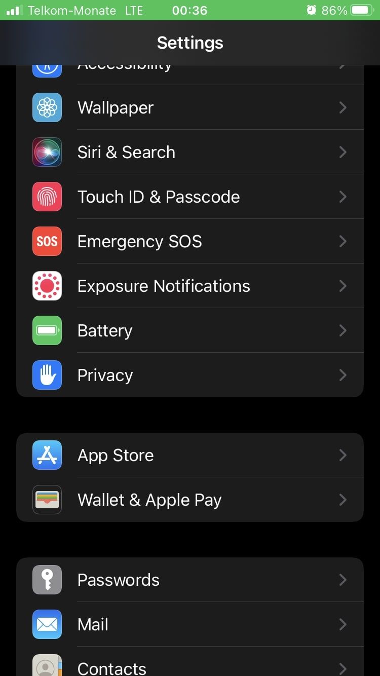 Страница настроек iPhone