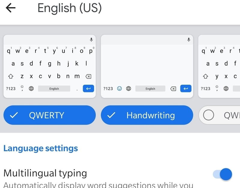 Gboard: выбор макета клавиатуры и опция «Handwriting»