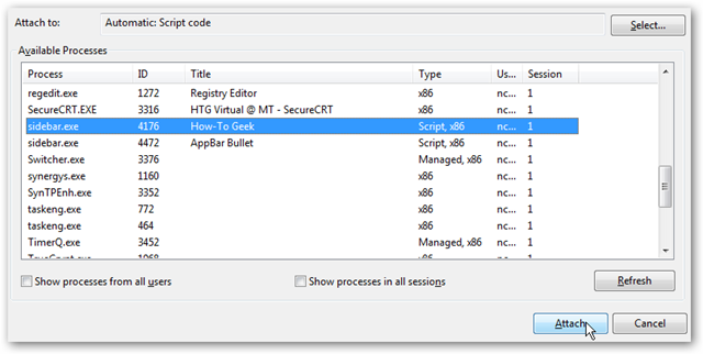 Диалог Attach to Process в Visual Studio с выбранным sidebar.exe