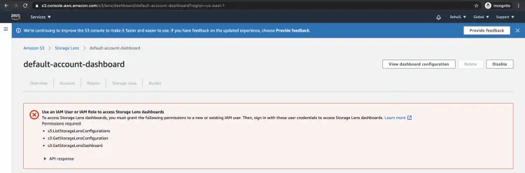Ошибка доступа к Storage Lens при использовании root-пользователя
