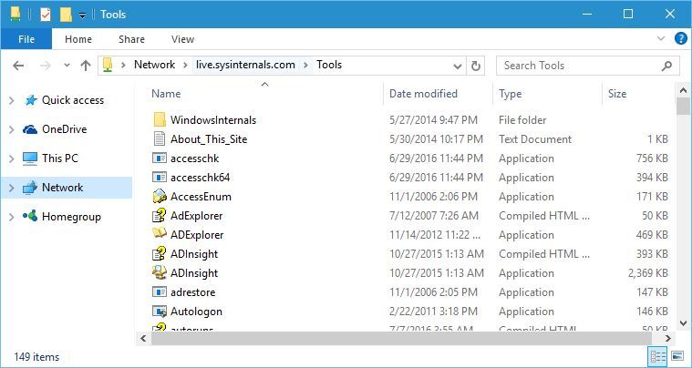 Список доступных утилит в папке Tools на удалённом ресурсе Sysinternals