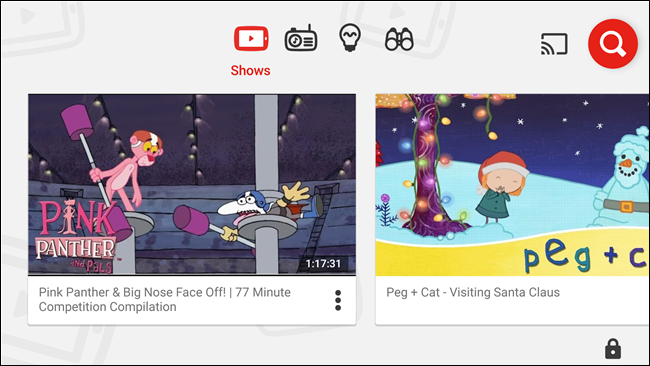 Главная страница YouTube Kids с рекомендованными видео для детей