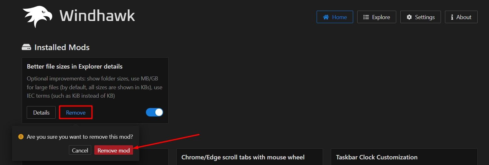 Опция Remove для удаления мода в приложении Windhawk.