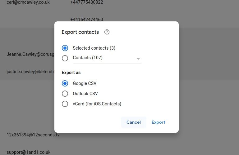 Экспорт контактов почты