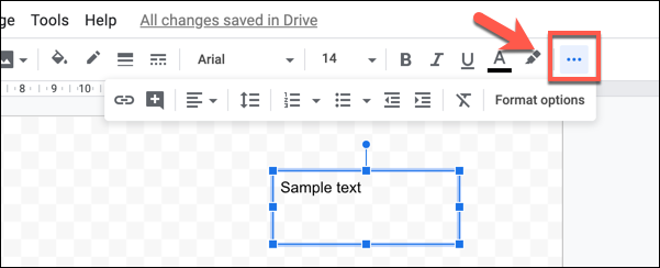 Кнопка «Ещё» для дополнительных опций текста в Google Drawings