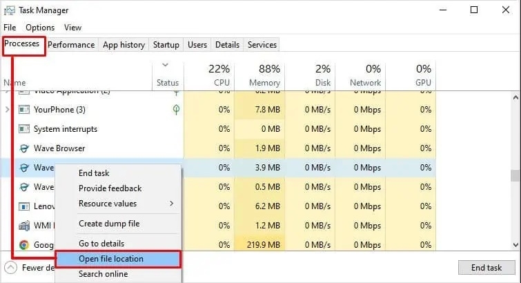 Captura: Abrir ubicación del archivo desde Administrador de tareas