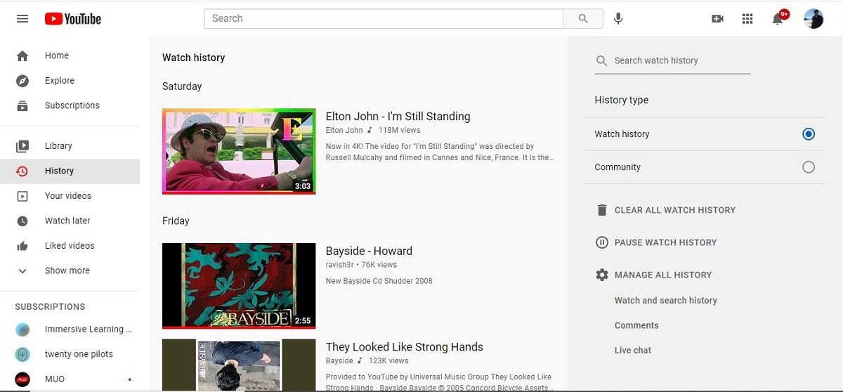 Страница истории просмотра на сайте YouTube в браузере