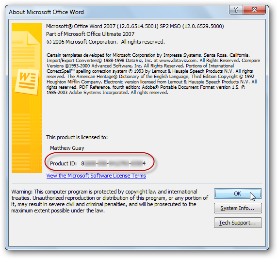 Пример строки Product ID в Office 2007