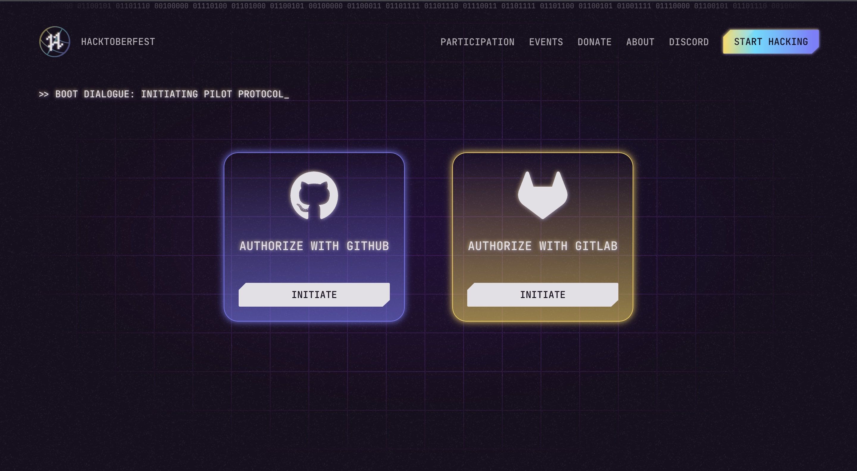 Страница регистрации Hacktoberfest с опциями GitHub и GitLab