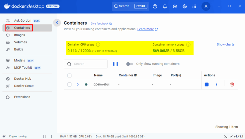Docker Desktop — раздел Containers с метриками CPU и памяти контейнеров