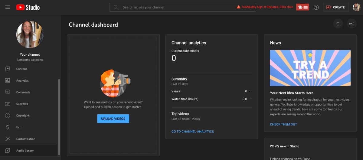 Вкладка библиотеки аудио в YouTube Studio
