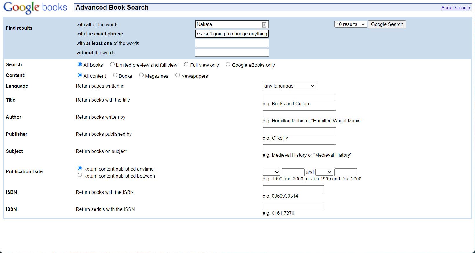 Использование ключевых слов в Google Search для поиска книги