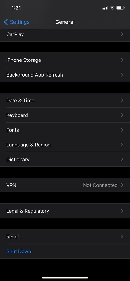 Экран Сброс в iOS с опцией сброса