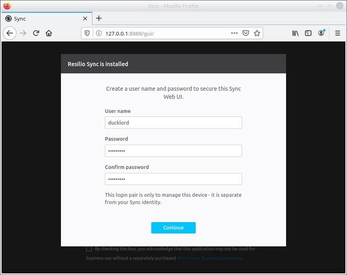 Экран создания учётной записи Resilio Sync в веб-интерфейсе