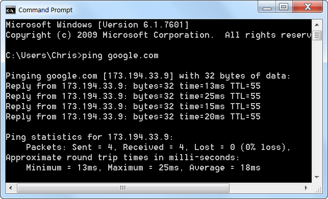 Вывод команды ping в командной строке Windows с нулевой потерей пакетов