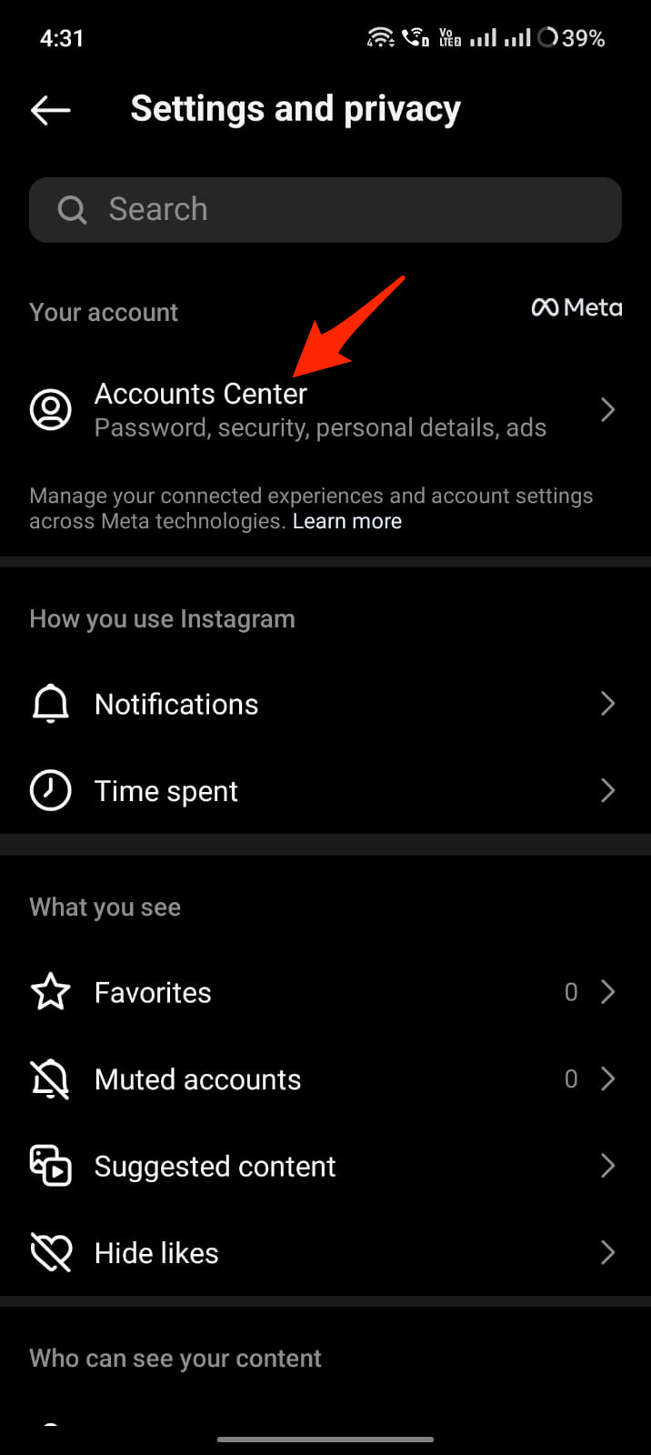 Centro de cuentas en Instagram