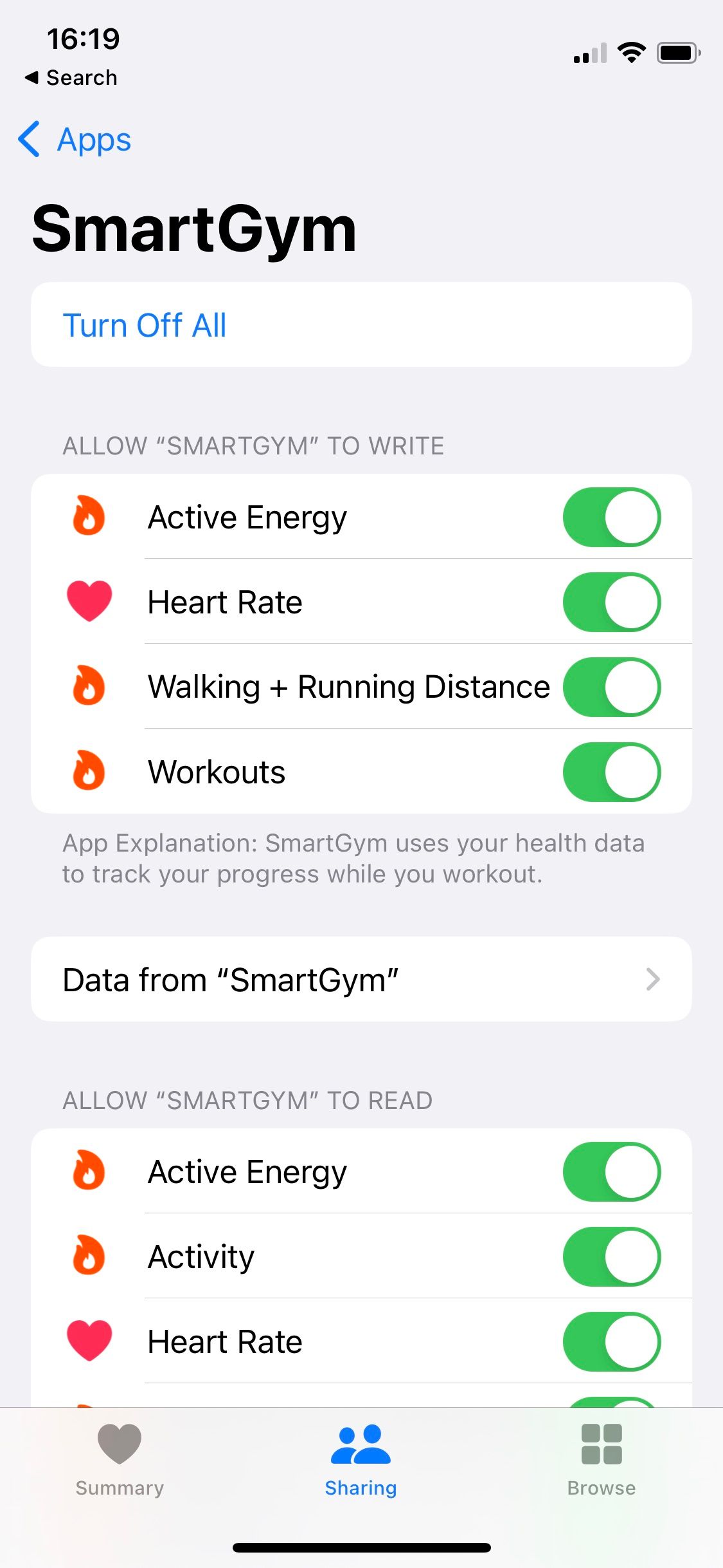 Скриншот SmartGym, совместно использующего данные с Apple Health