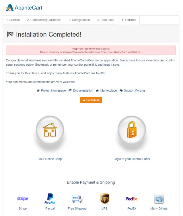 Завершение установки AbanteCart