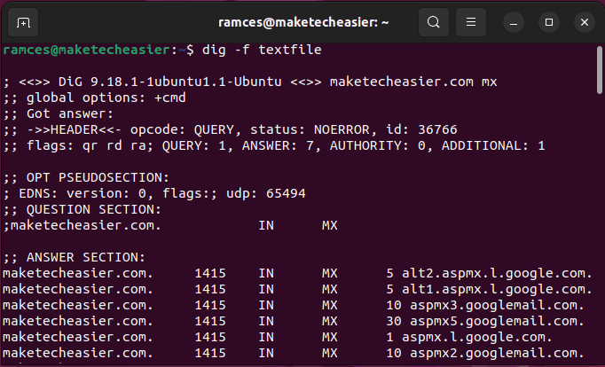 Пример вывода dig при пакетной обработке
