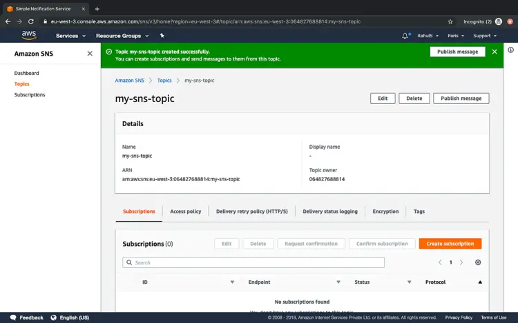 Форма создания подписки SNS: протокол Email и указание адреса