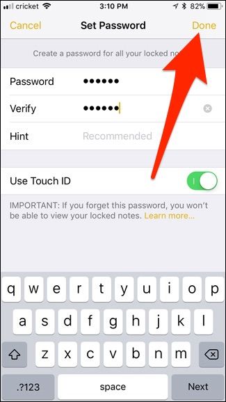 Значок замка рядом с защищённой заметкой