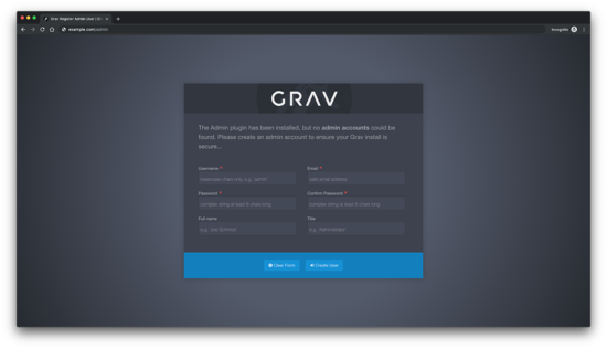 Форма создания пользователя администратора Grav