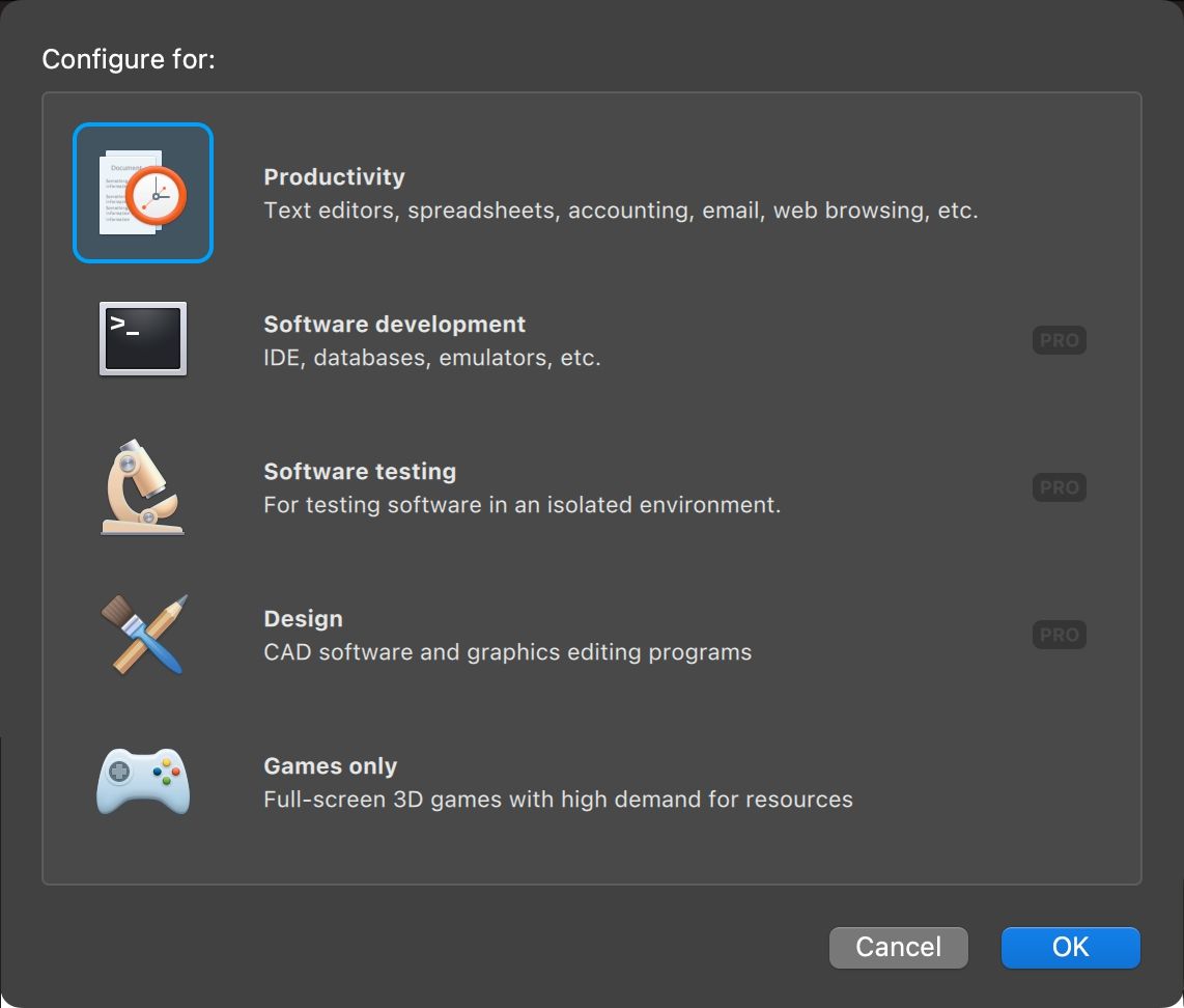 Настройки виртуальной машины: выбор предназначения и ресурсов