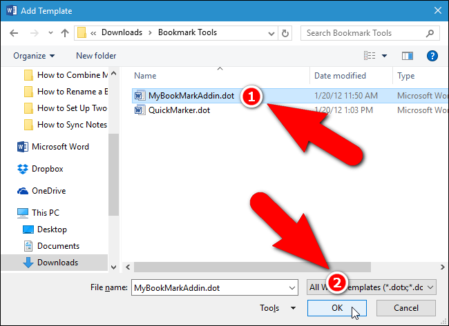 Выбор шаблона MyBookMarkAddin.dot для добавления
