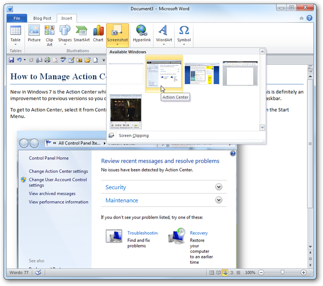 Функция создания скриншотов в Word
