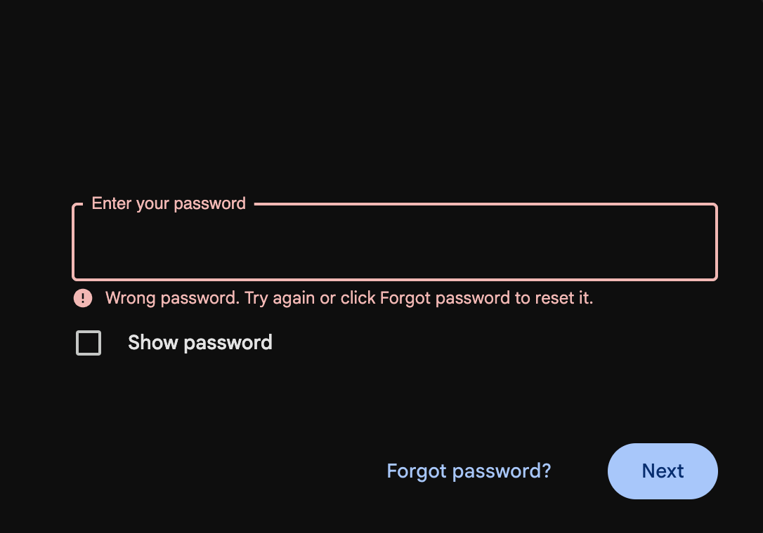 Сообщение об ошибке неправильного пароля при попытке входа в Gmail
