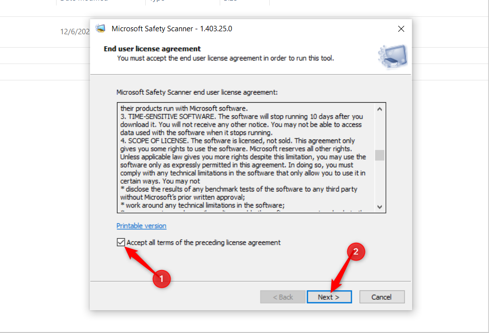 Лицензионное соглашение Microsoft Safety Scanner