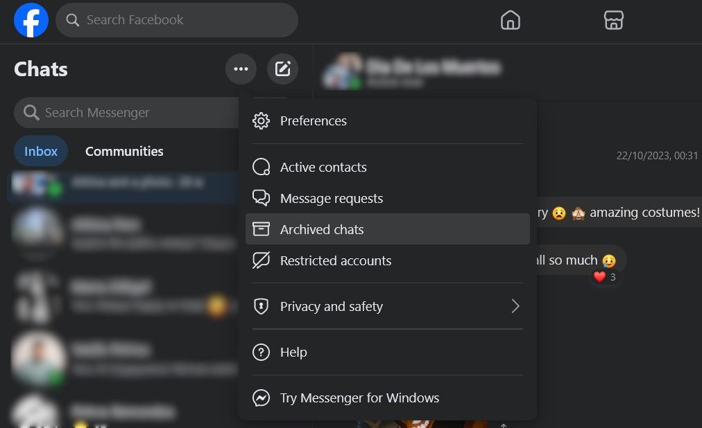 Поиск архивированных чатов на Facebook