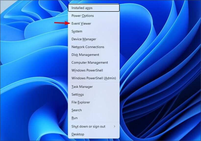 Окно меню Win+X с выделенным пунктом «Просмотр событий»