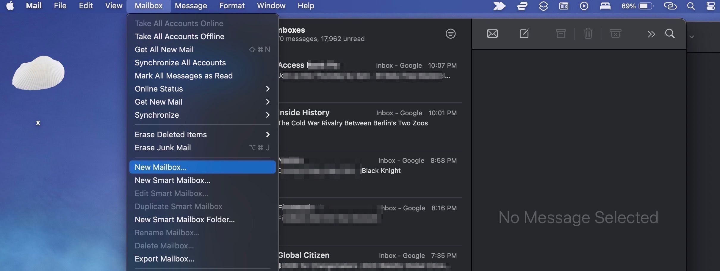Меню macOS с пунктом Новый почтовый ящик в приложении Mail