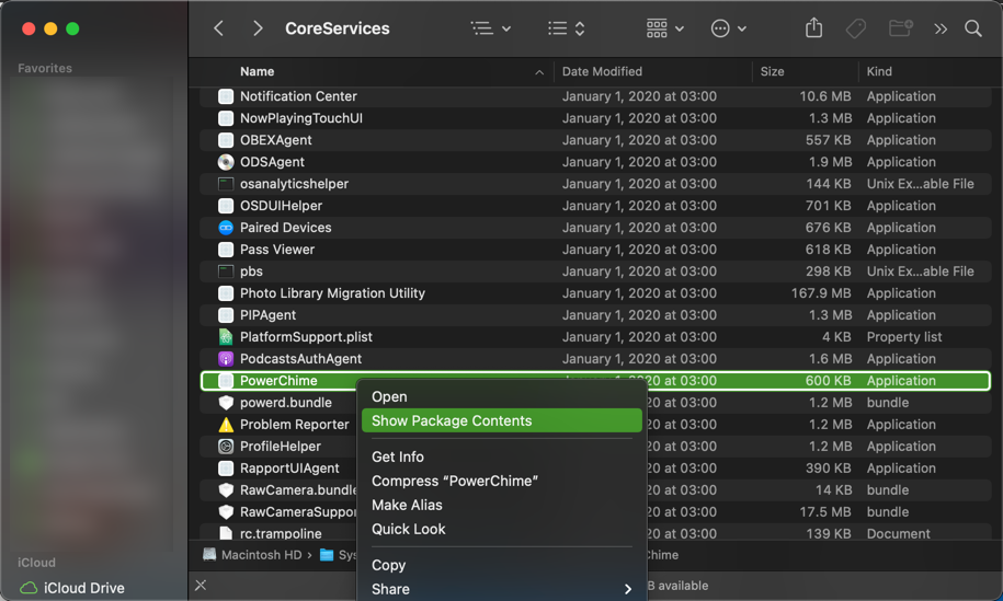Папка PowerChime в Finder — содержимое пакета PowerChime