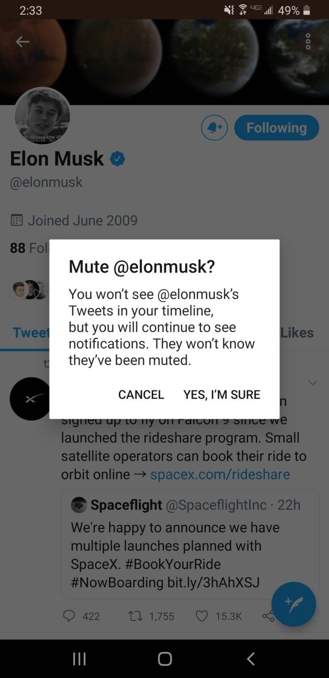 Список заглушённых аккаунтов в Twitter