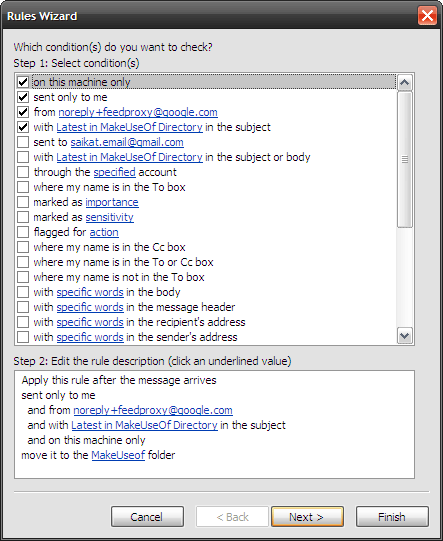 Мастер дополнительных параметров правил Outlook