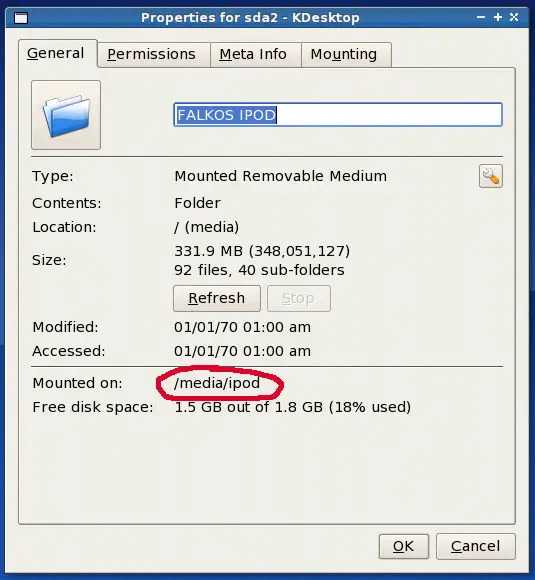 Пример точки монтирования iPod в окне свойств