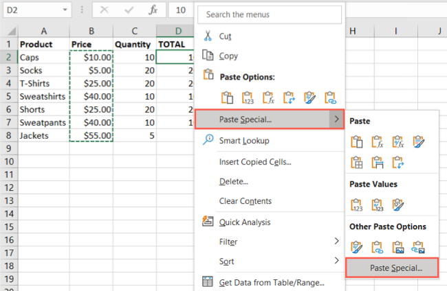 Меню Специальная вставка в контекстном меню
