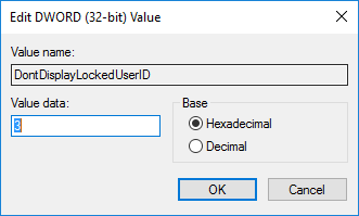 Establecer el valor de DontDisplayLockedUserID a 3