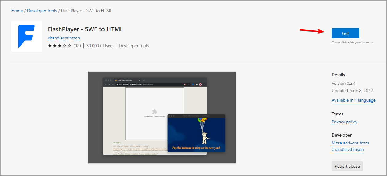 Промо‑страница расширения SWF to HTML в Microsoft Edge