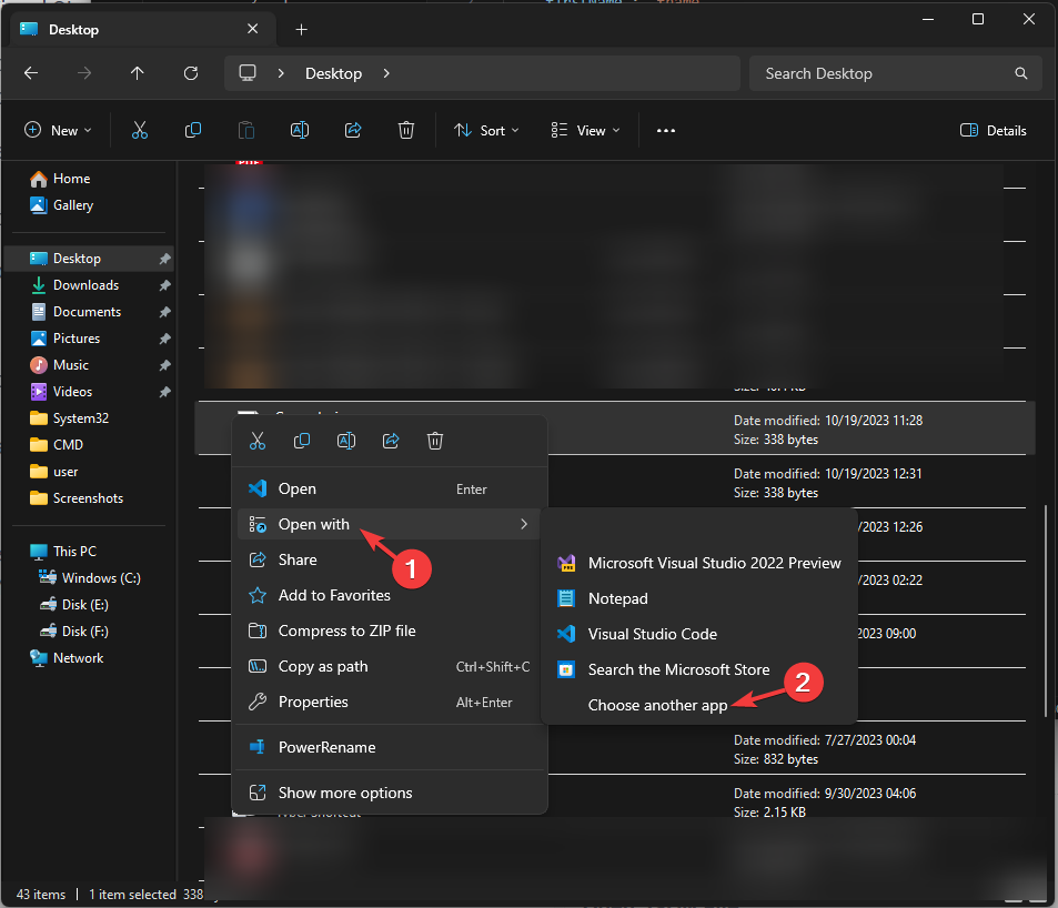 Выбор другого приложения для открытия файла