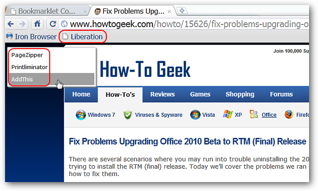 Пример выпадающего меню комбинированного букмарклета на странице с обзором Office 2010