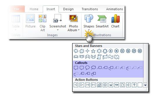 Выбор выноски в меню Фигуры PowerPoint