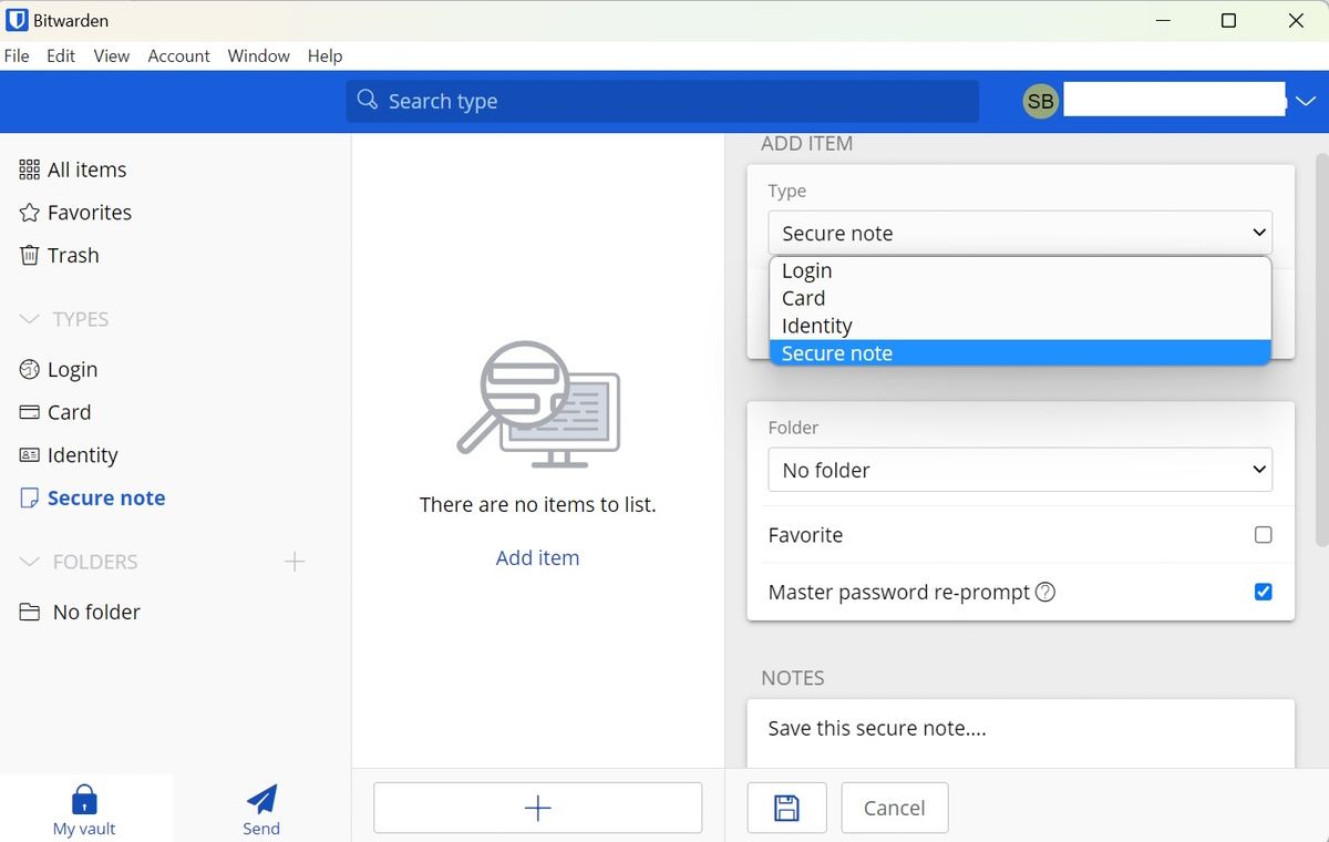 Интерфейс Bitwarden c опцией добавления защищённой заметки