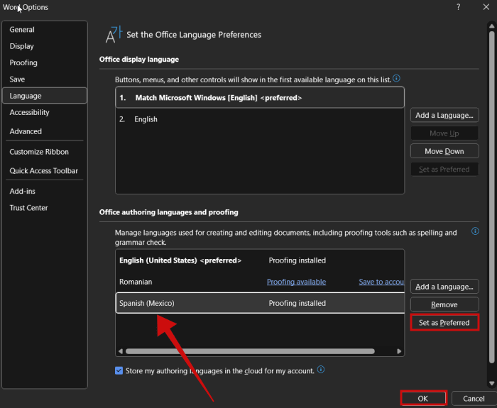 Установка нового языка как предпочтительного в Word на ПК. 