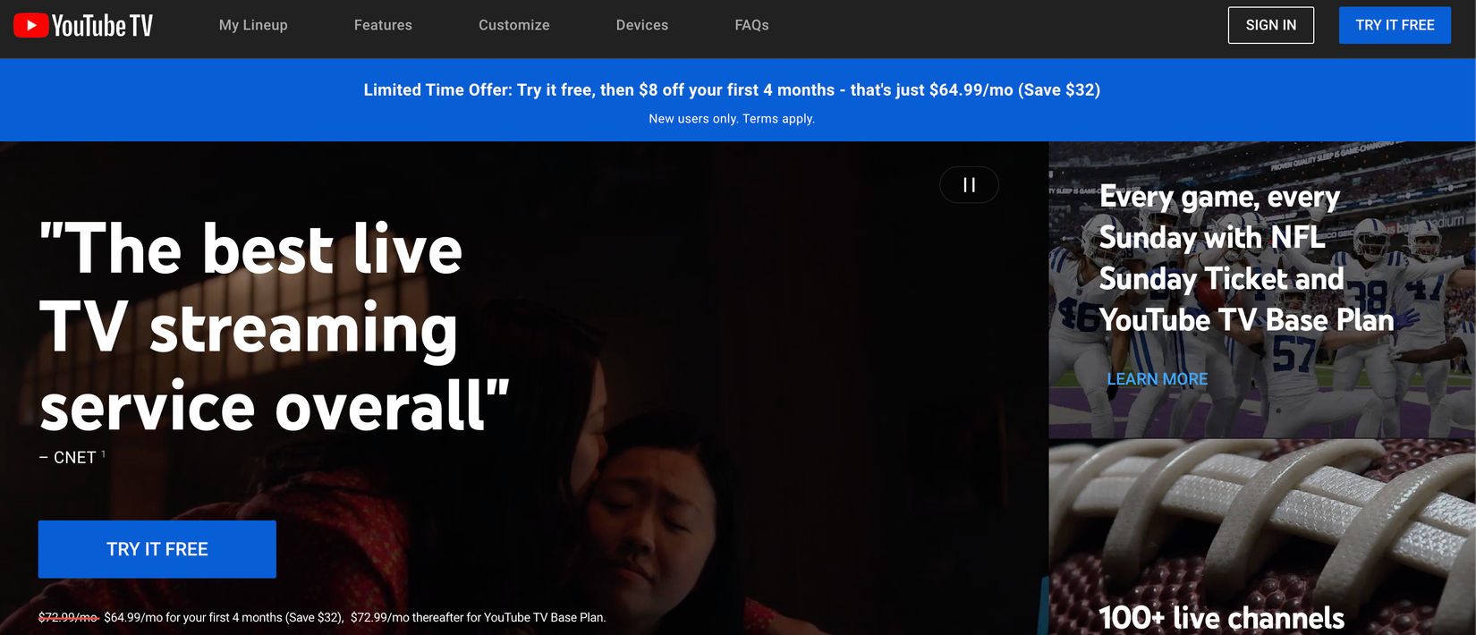 Главная страница YouTube TV